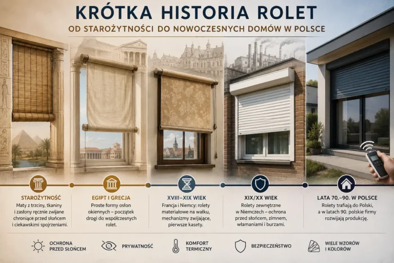 Infografika przedstawiająca historię rolet – od starożytnych mat z trzciny po nowoczesne rolety zewnętrzne i elektryczne stosowane w polskich domach.