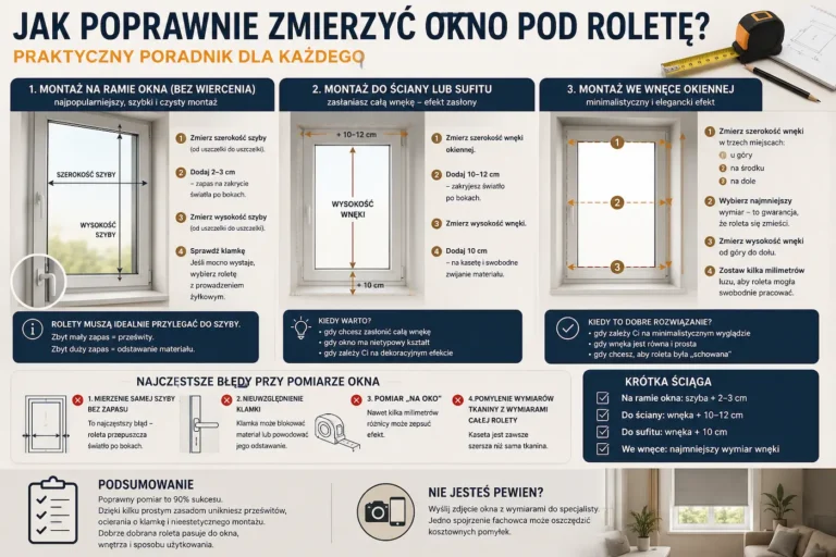 Infografika pokazująca, jak poprawnie zmierzyć okno pod roletę przy montażu na ramie, we wnęce oraz do ściany lub sufitu.