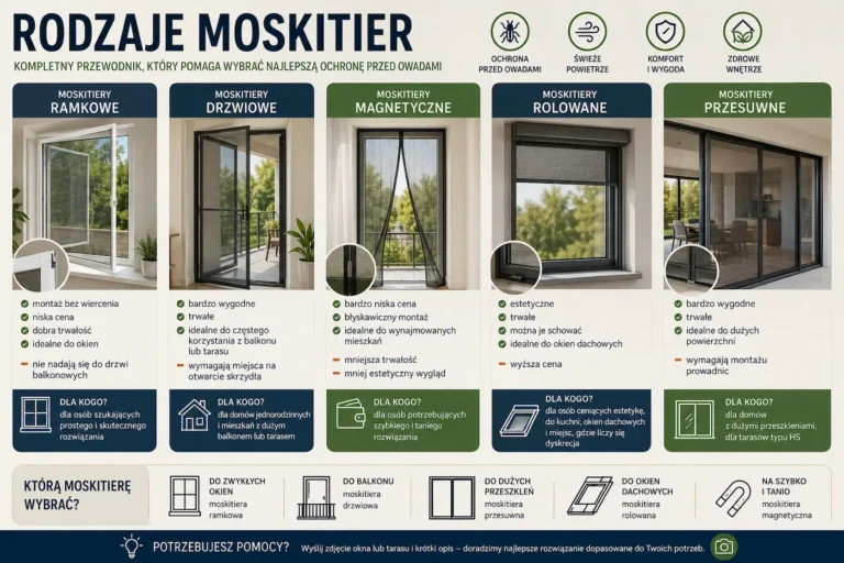 Infografika przedstawiająca rodzaje moskitier: ramkowe, drzwiowe, magnetyczne, rolowane i przesuwne oraz ich zastosowanie.