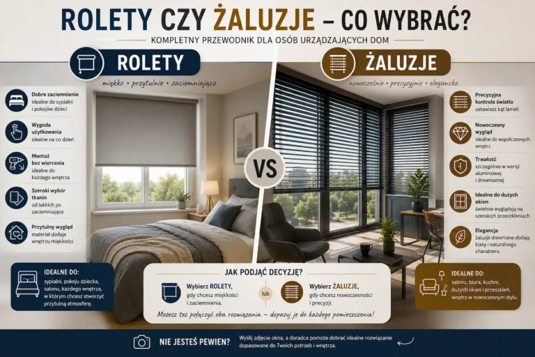 Infografika porównująca rolety i żaluzje – najważniejsze różnice, zalety oraz zastosowanie w różnych pomieszczeniach.