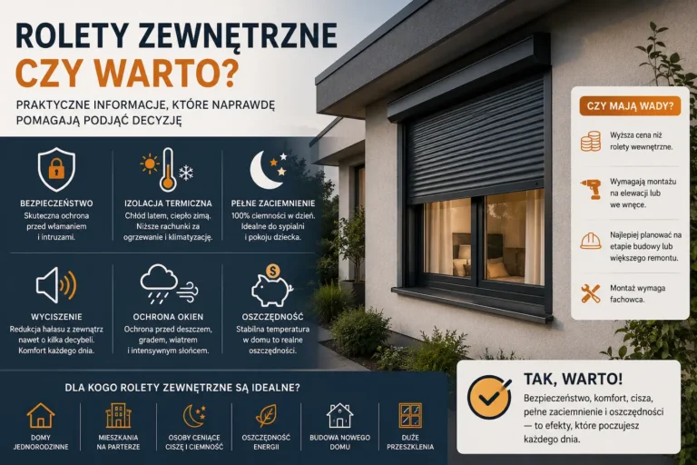 Rolety zewnętrzne zamontowane na nowoczesnym domu – infografika przedstawiająca najważniejsze zalety, wady i zastosowanie rolet zewnętrznych.
